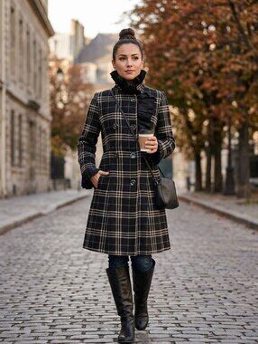Catherine Malandrino Wool Plaid Ruffle Double Breasted Statement Coat - Size 4